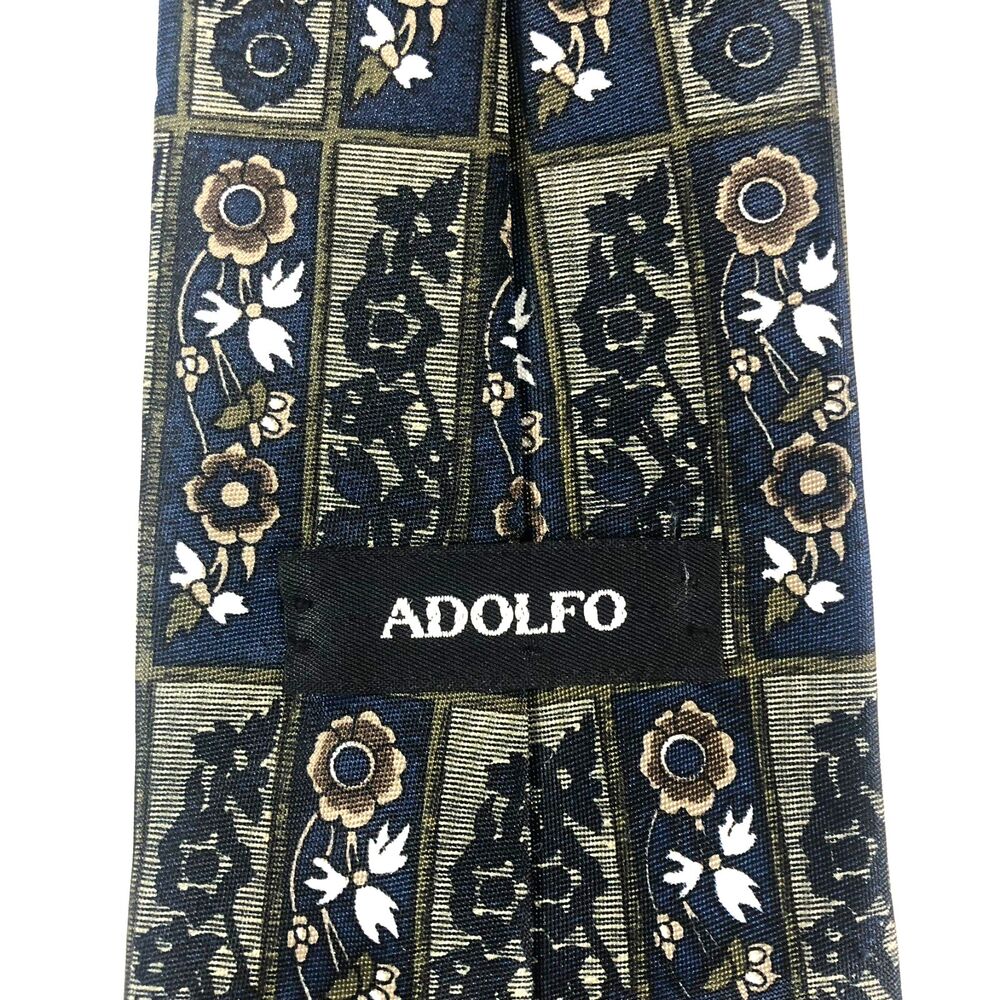 Adolfo Tie PolySilk Blend Navy Blue Floral Geometric Pattern Made in USA Vintage - Picture 4 of 7